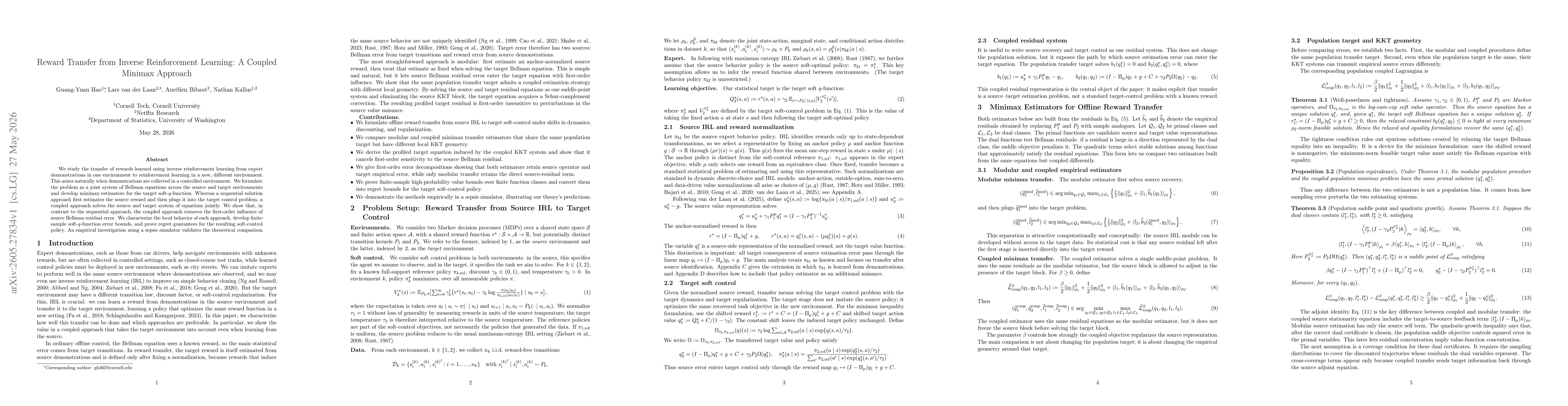 Thumbnail for Reward Transfer from Inverse Reinforcement Learning: A Coupled Minimax Approach