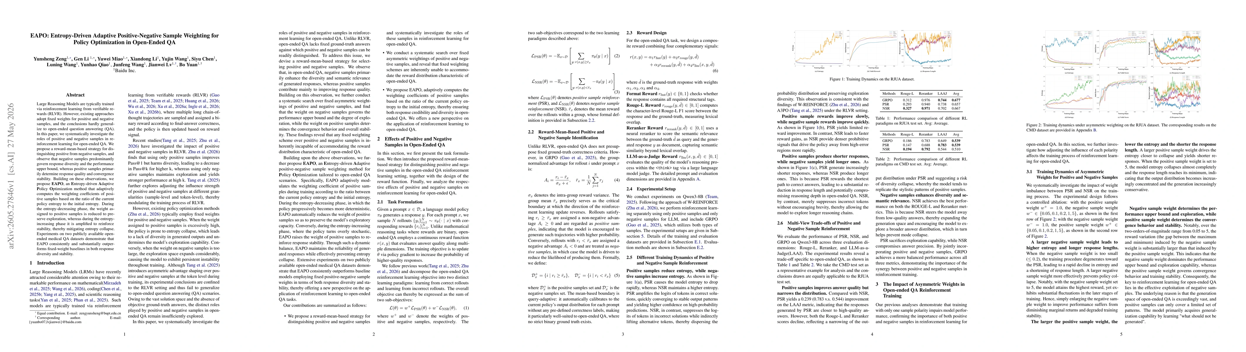 Thumbnail for EAPO: Entropy-Driven Adaptive Positive-Negative Sample Weighting for Policy Optimization in Open-Ended QA