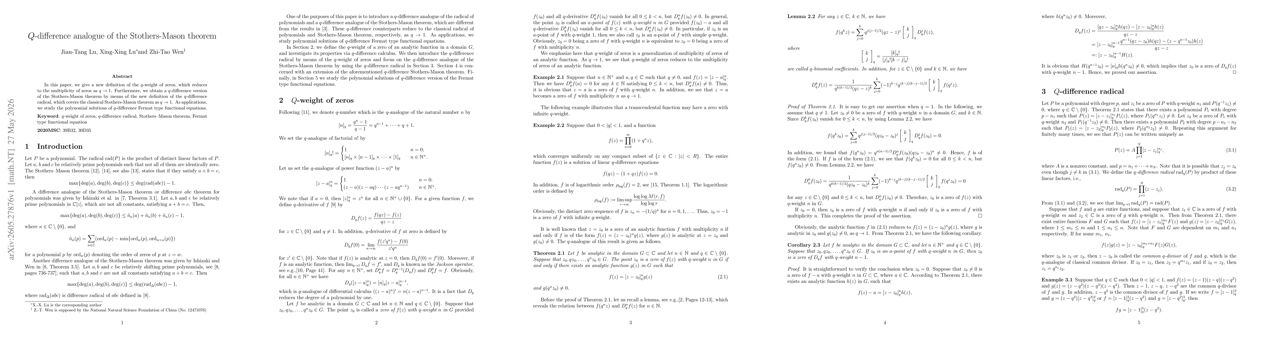 Thumbnail for $Q$-difference analogue of the Stothers-Mason theorem