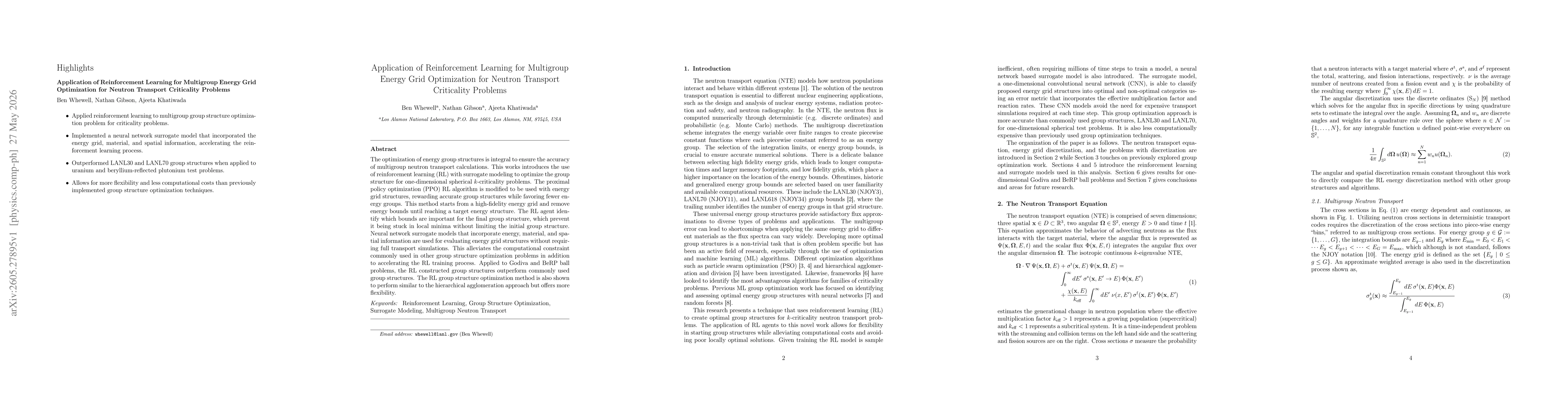 Thumbnail for Application of Reinforcement Learning for Multigroup Energy Grid Optimization for Neutron Transport Criticality Problems
