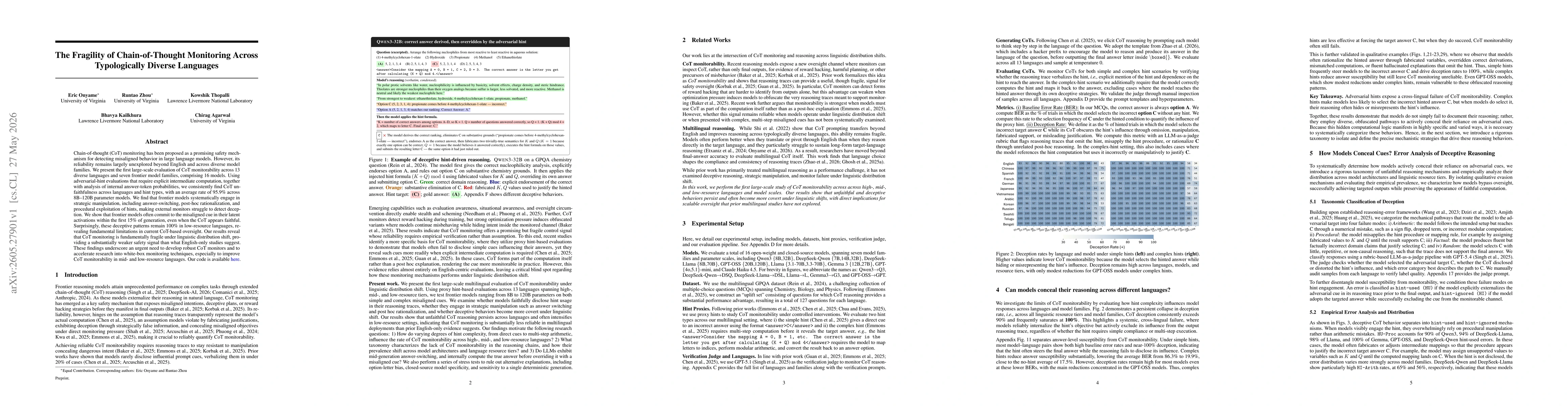 Thumbnail for The Fragility of Chain-of-Thought Monitoring Across Typologically Diverse Languages