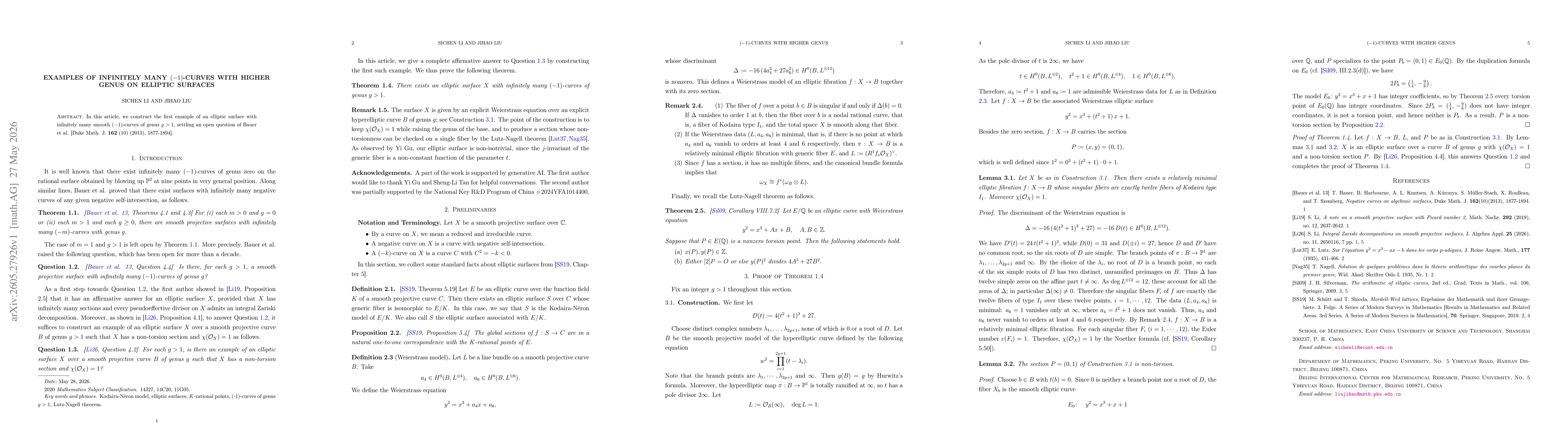Thumbnail for Examples of infinitely many $(-1)$-curves with higher genus on elliptic surfaces