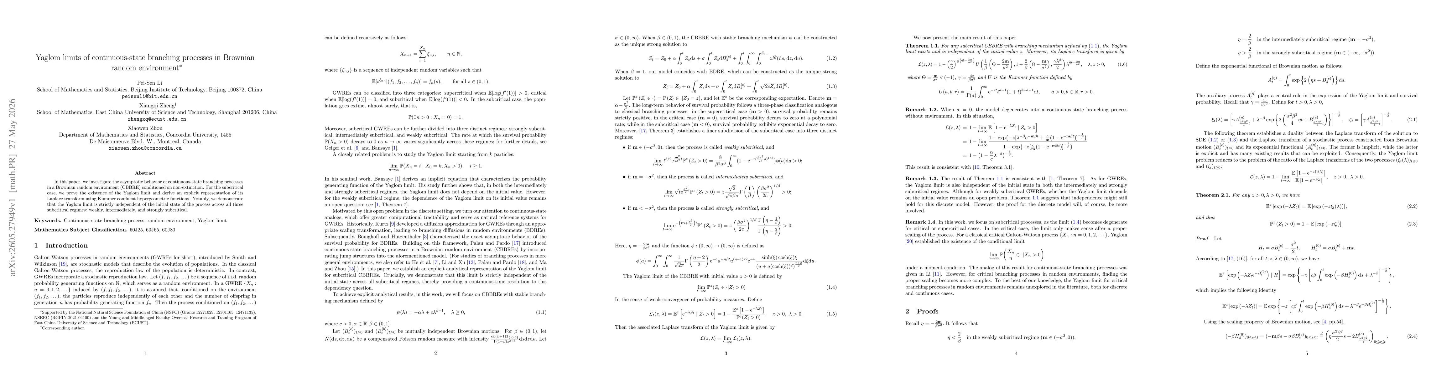 Thumbnail for Yaglom limits of continuous-state branching processes in Brownian random environment