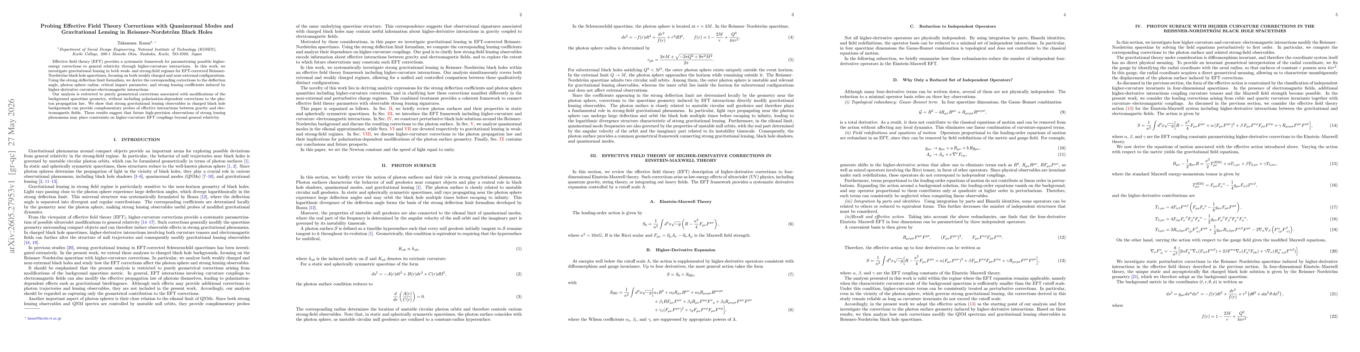 Thumbnail for Probing Effective Field Theory Corrections with Quasinormal Modes and Gravitational Lensing in Reissner-Nordström Black Holes