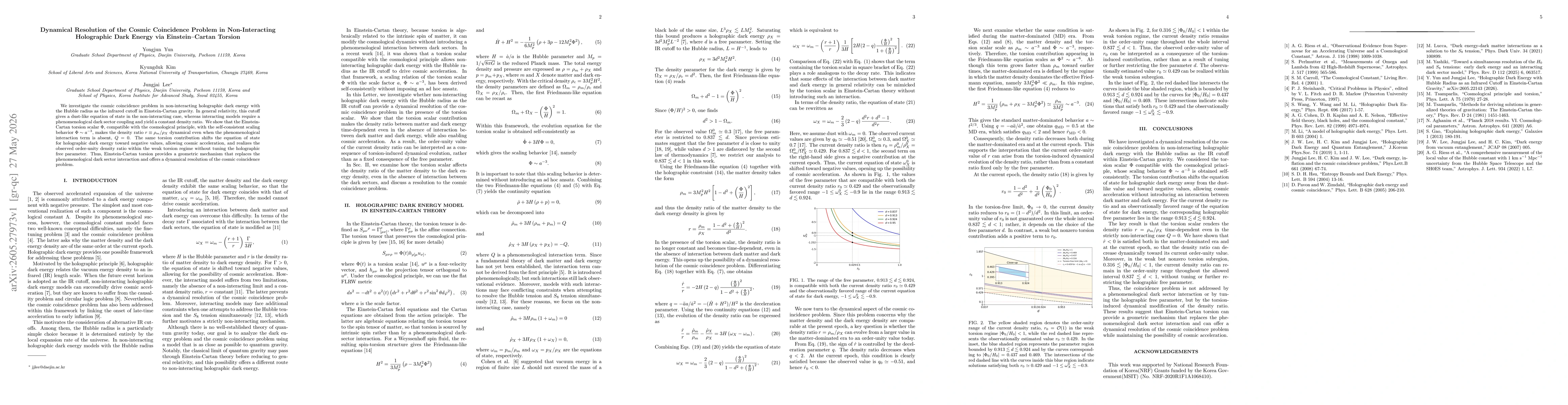 Thumbnail for Dynamical Resolution of the Cosmic Coincidence Problem in Non-Interacting Holographic Dark Energy via Einstein-Cartan Torsion