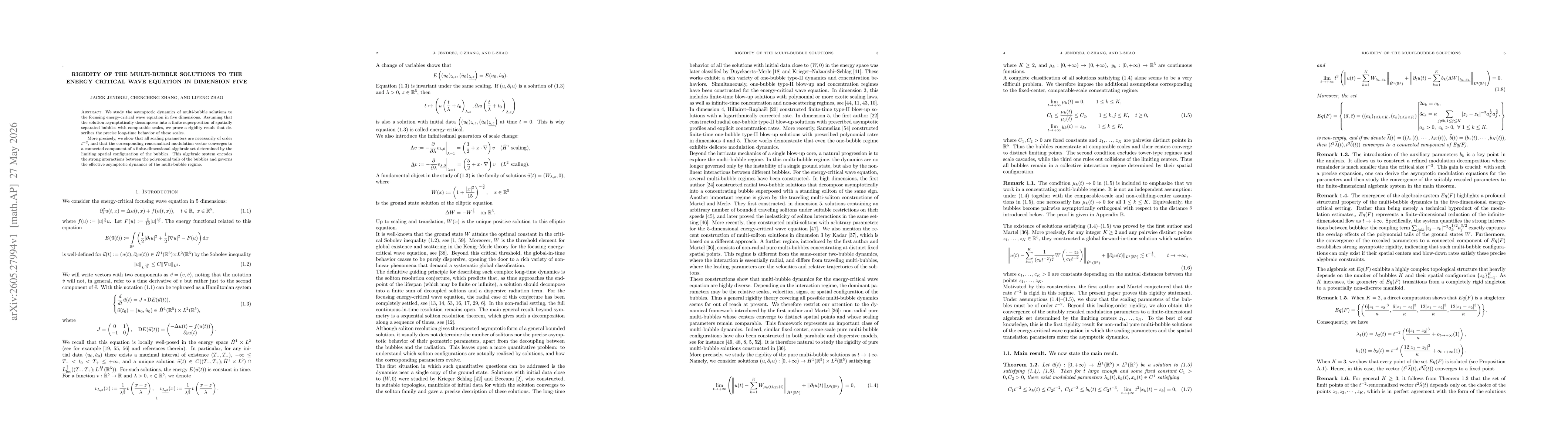 Thumbnail for Rigidity of the multi-bubble solutions to the energy critical wave equation in dimension five