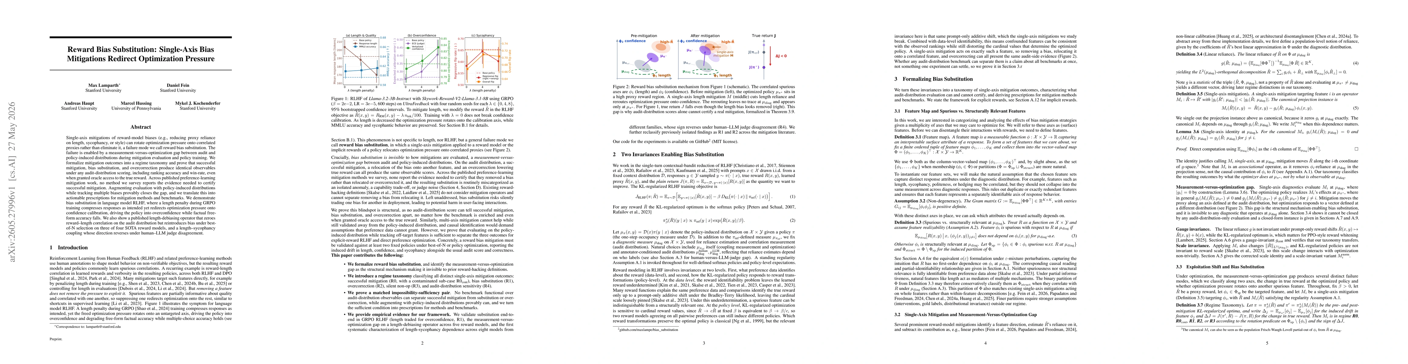 Thumbnail for Reward Bias Substitution: Single-Axis Bias Mitigations Redirect Optimization Pressure