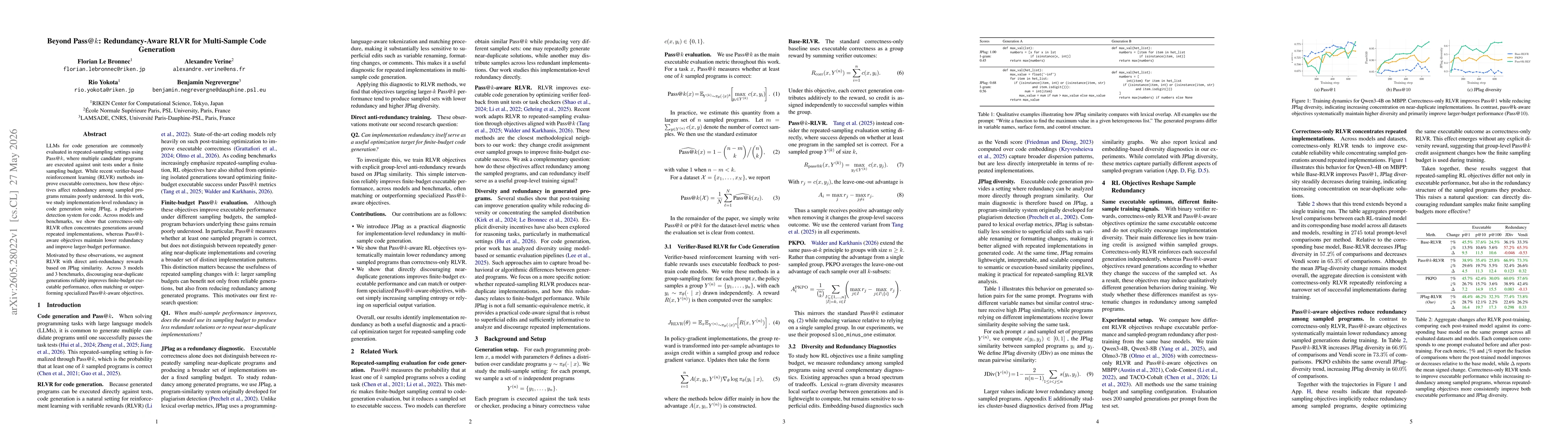 Thumbnail for Beyond pass@k: Redundancy-Aware RLVR for Multi-Sample Code Generation