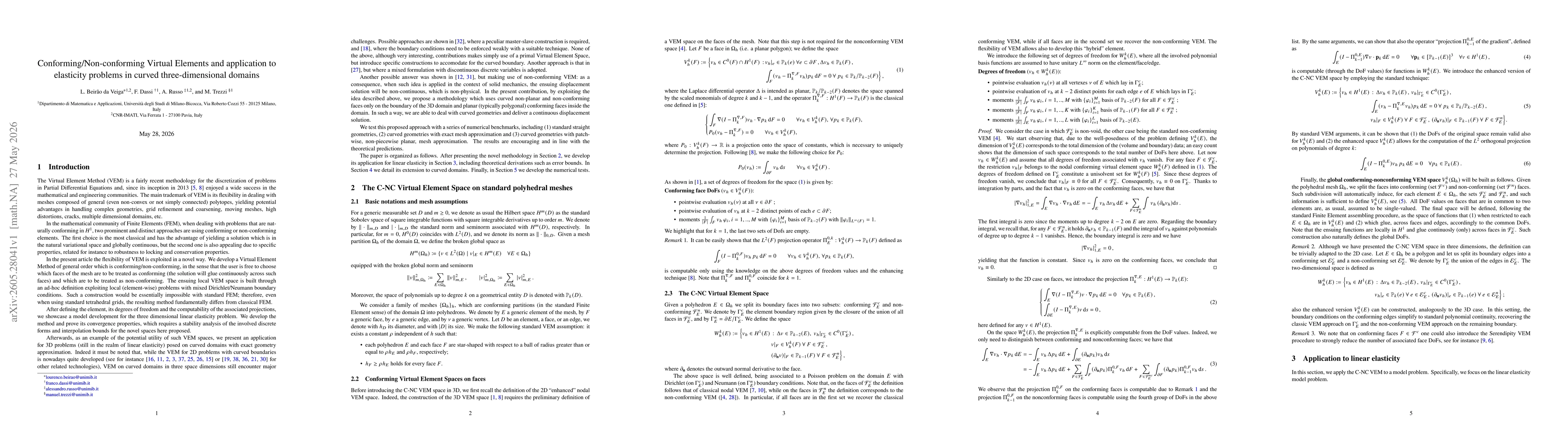 Thumbnail for Conforming/Non-conforming Virtual Elements and application to elasticity problems in curved three-dimensional domains