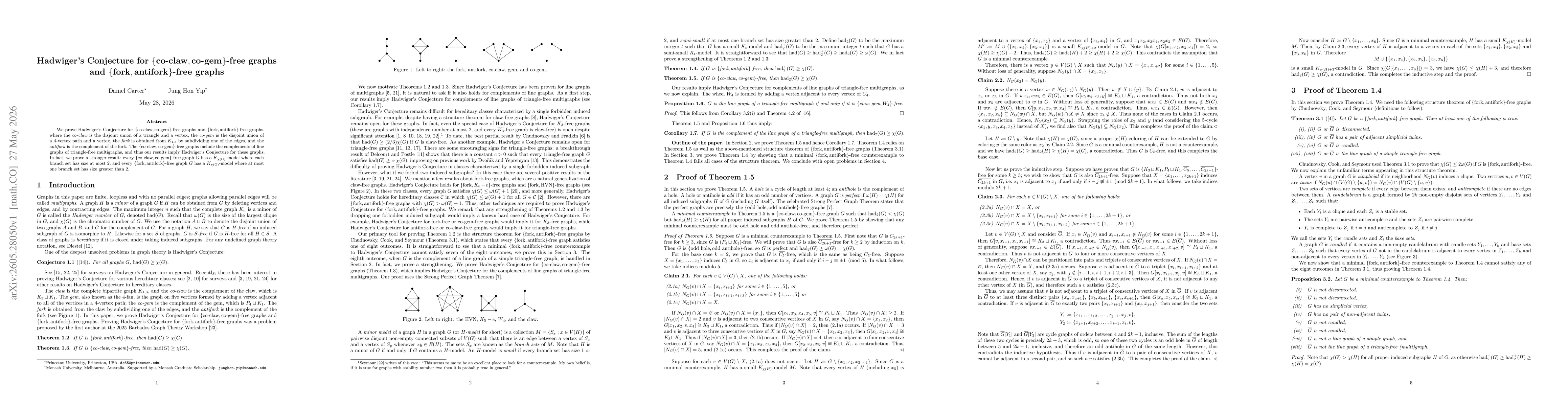 Thumbnail for Hadwiger's Conjecture for $\{\text{co-claw}, \text{co-gem}\}$-free graphs and $\{\text{fork}, \text{antifork}\}$-free graphs
