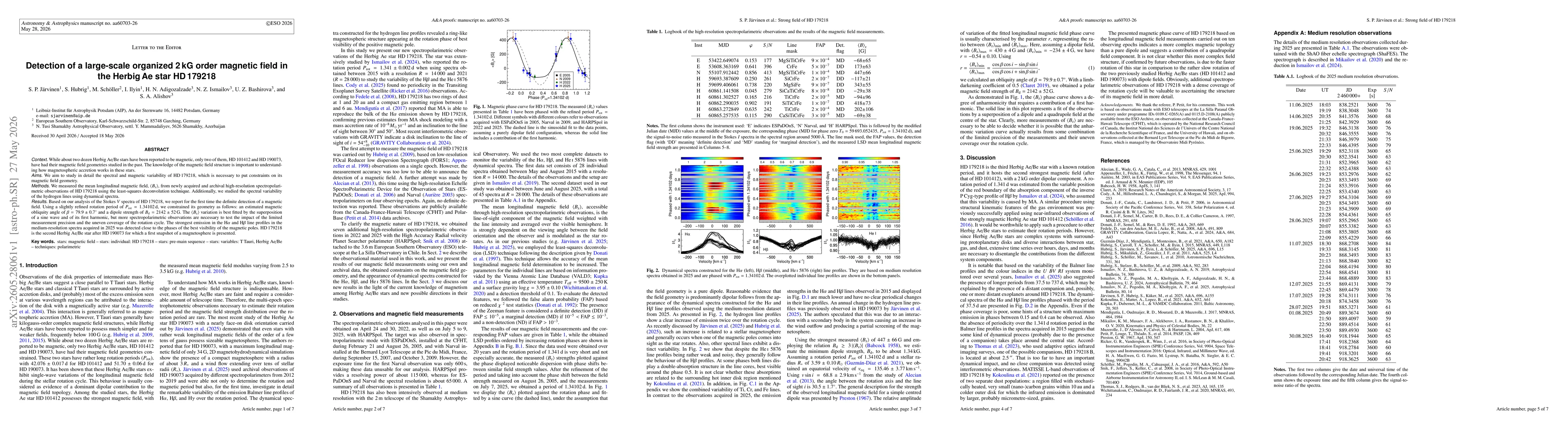 Thumbnail for Detection of a large-scale organized 2 kG order magnetic field in the Herbig Ae star HD179218