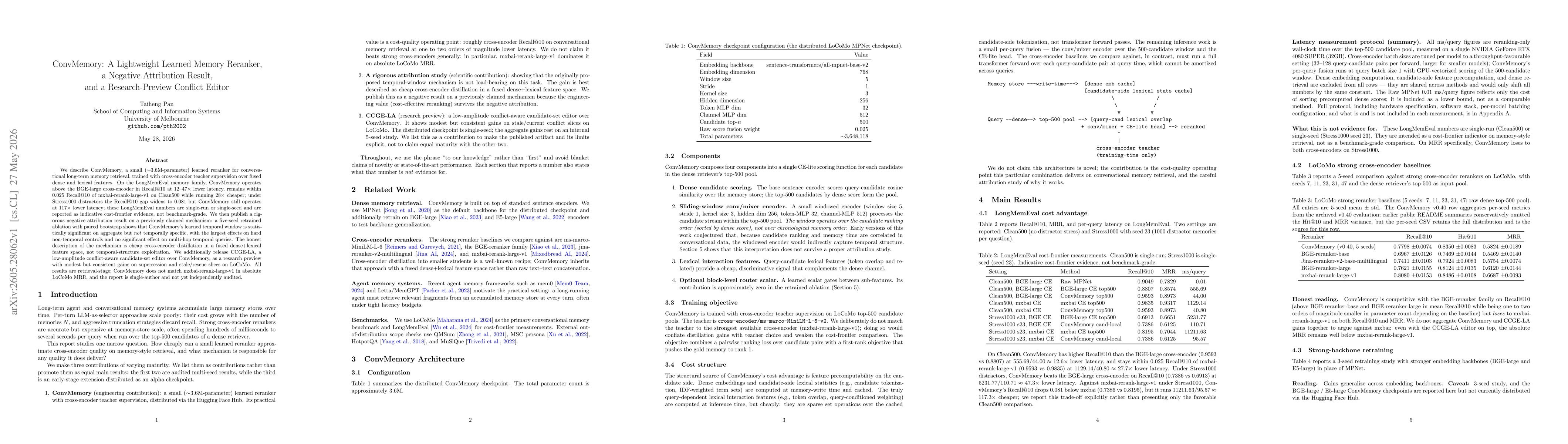 Thumbnail for ConvMemory: A Lightweight Learned Memory Reranker, a Negative Attribution Result, and a Research-Preview Conflict Editor