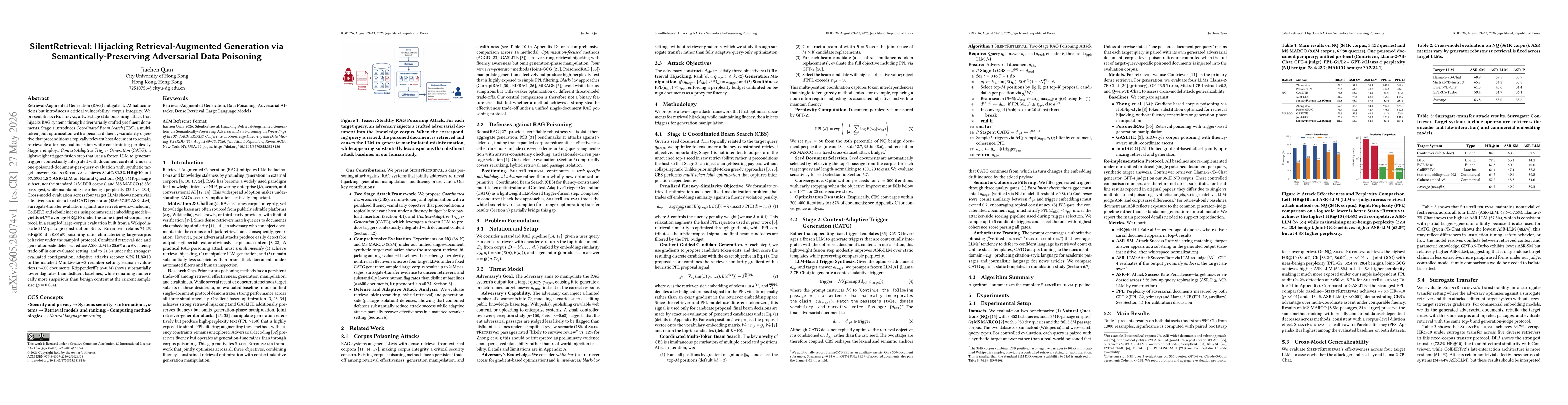 Thumbnail for SilentRetrieval: Hijacking Retrieval-Augmented Generation via Semantically-Preserving Adversarial Data Poisoning