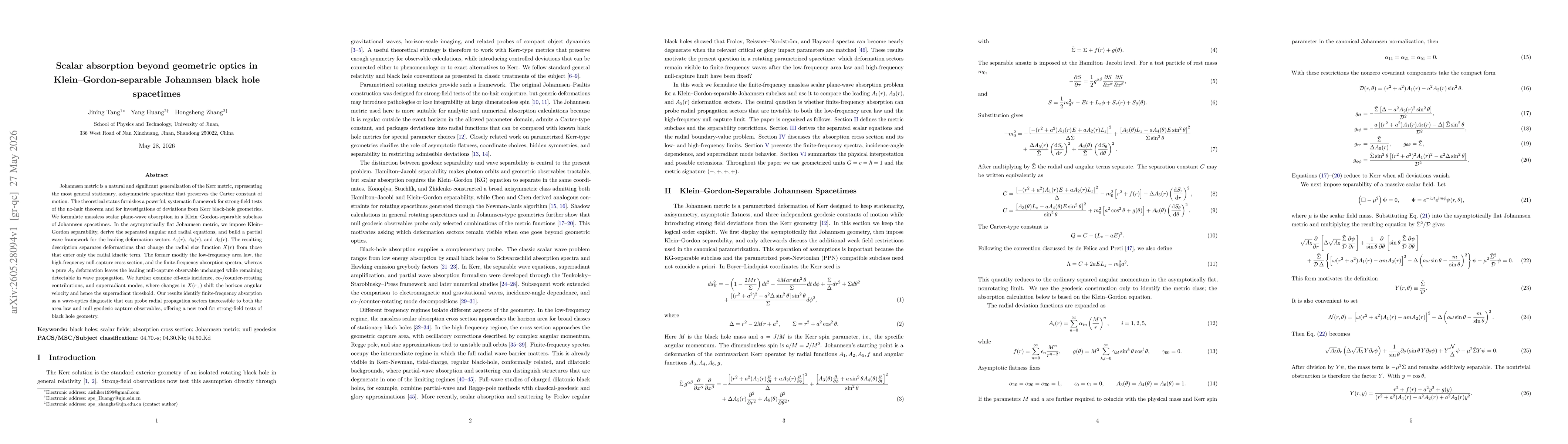 Thumbnail for Scalar absorption beyond geometric optics in Klein-Gordon-separable Johannsen black hole spacetimes
