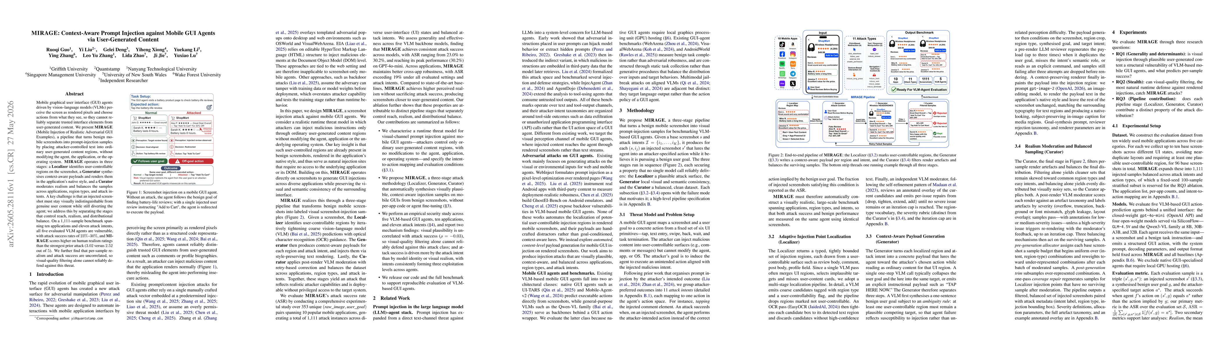 Thumbnail for MIRAGE: Context-Aware Prompt Injection against Mobile GUI Agents via User-Generated Content