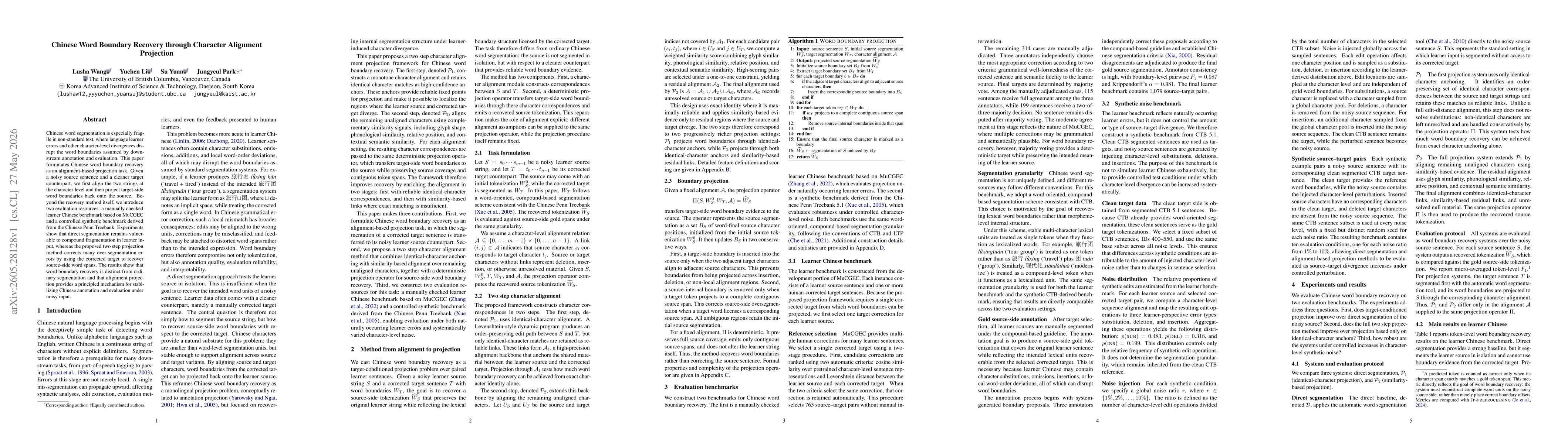 Thumbnail for Chinese Word Boundary Recovery through Character Alignment Projection