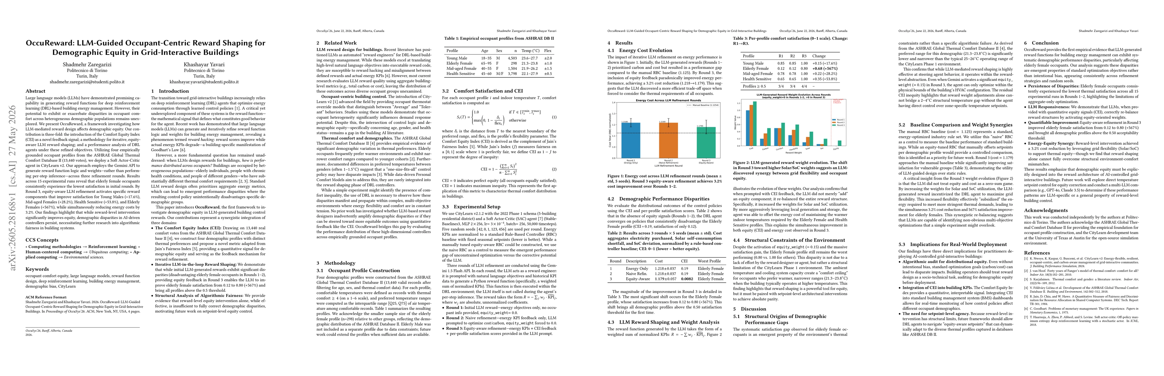 Thumbnail for OccuReward: LLM-Guided Occupant-Centric Reward Shaping for Demographic Equity in Grid-Interactive Buildings