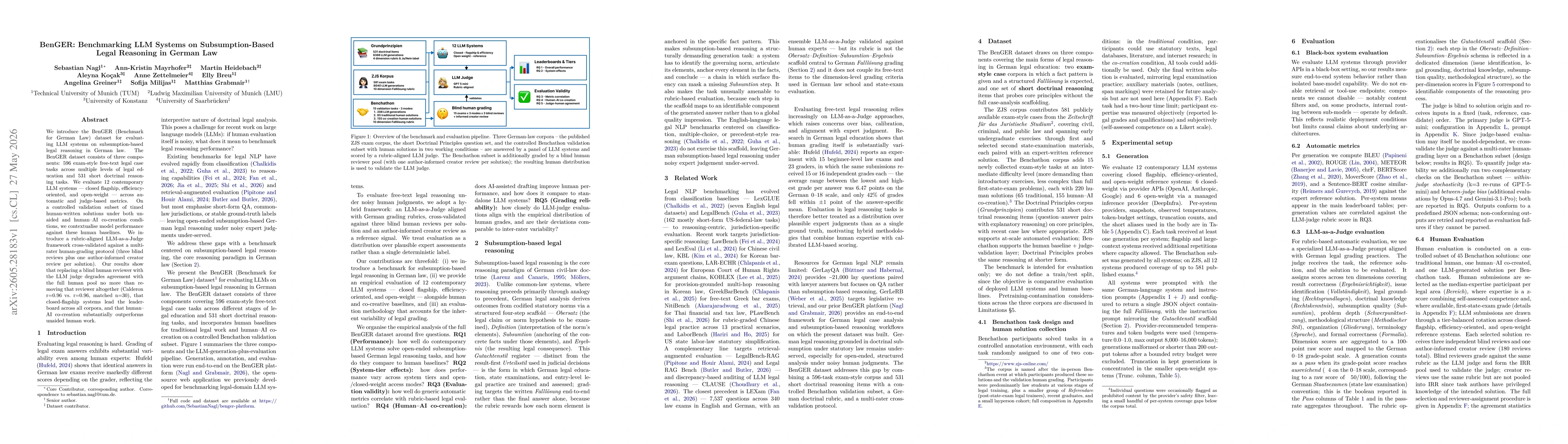 Thumbnail for BenGER: Benchmarking LLM Systems on Subsumption-Based Legal Reasoning in German Law