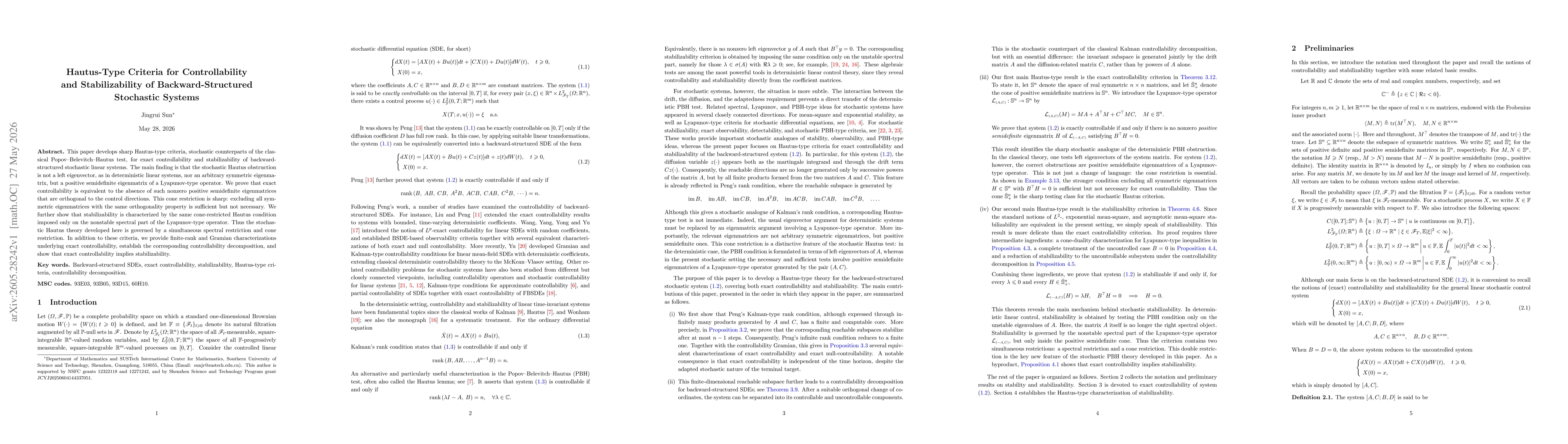 Thumbnail for Hautus-Type Criteria for Controllability and Stabilizability of Backward-Structured Stochastic Systems