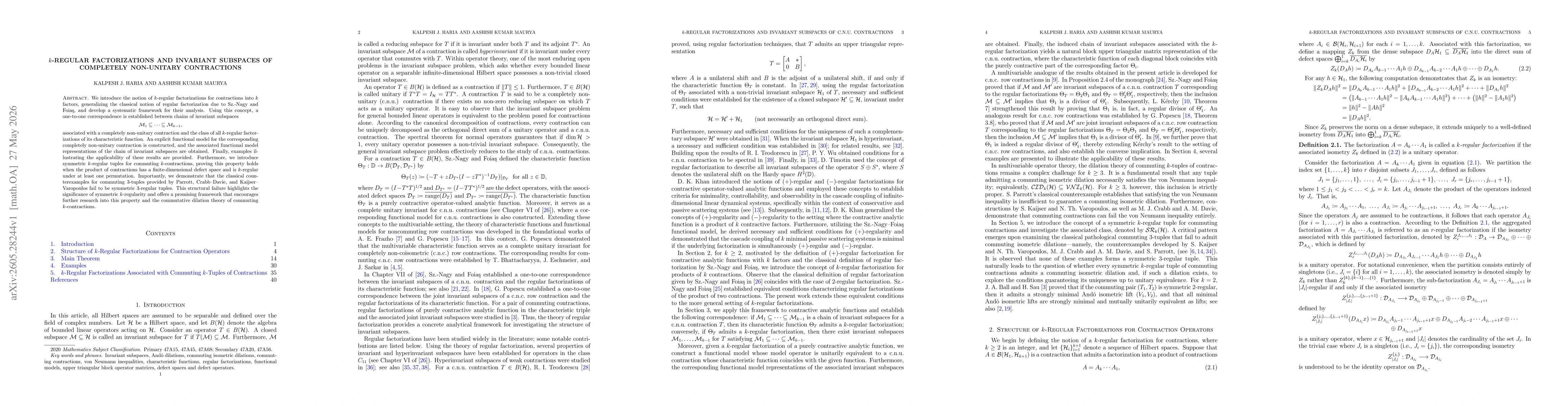 Thumbnail for $k$-Regular Factorizations and Invariant Subspaces of Completely Non-Unitary Contractions