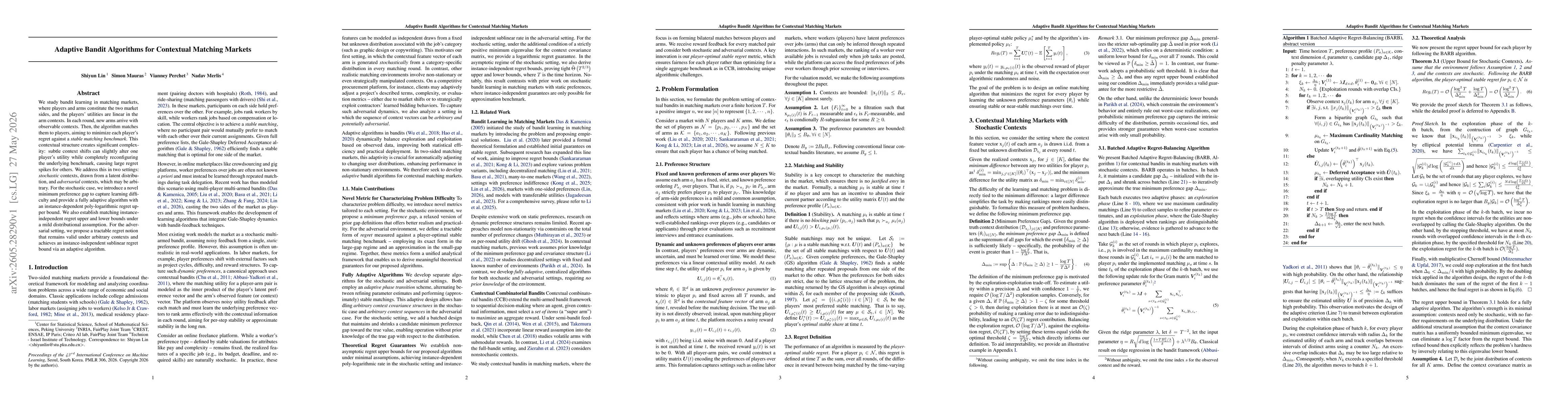 Thumbnail for Adaptive Bandit Algorithms for Contextual Matching Markets