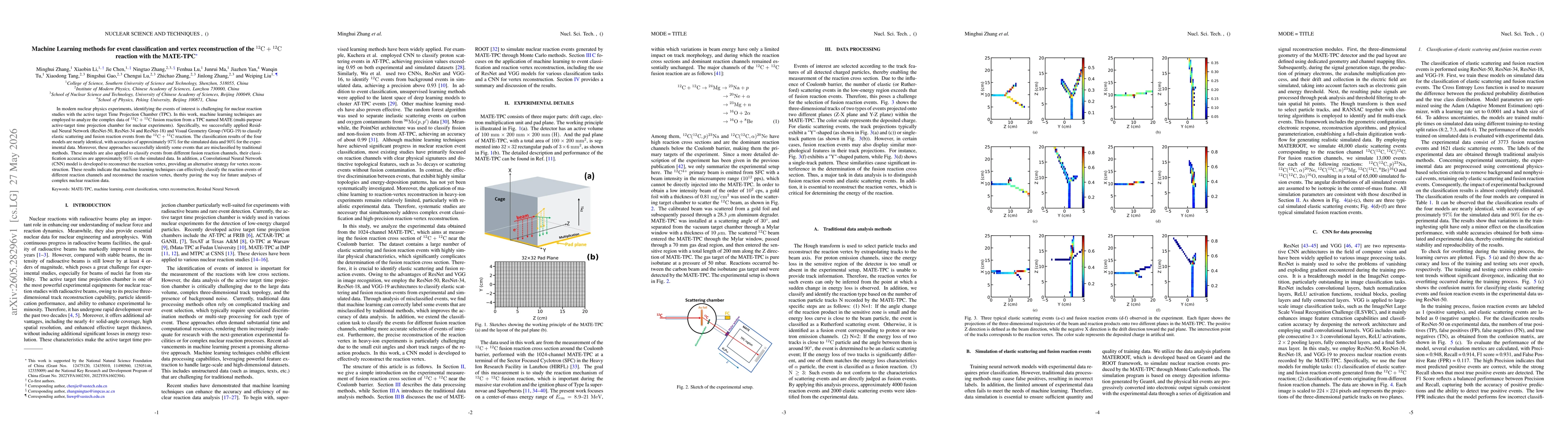 Thumbnail for Machine Learning methods for event classification and vertex reconstruction of the 12C + 12C reaction with the MATE-TPC