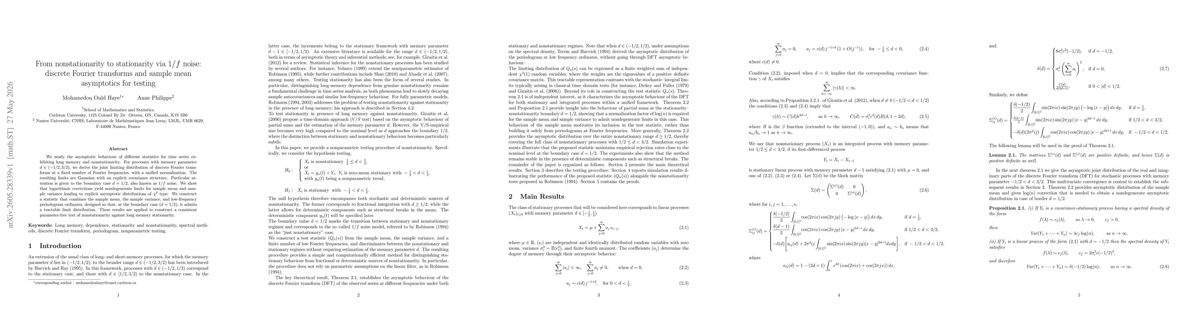 Thumbnail for From nonstationarity to stationarity via $1/f$ noise: discrete Fourier transforms and sample mean asymptotics for testing