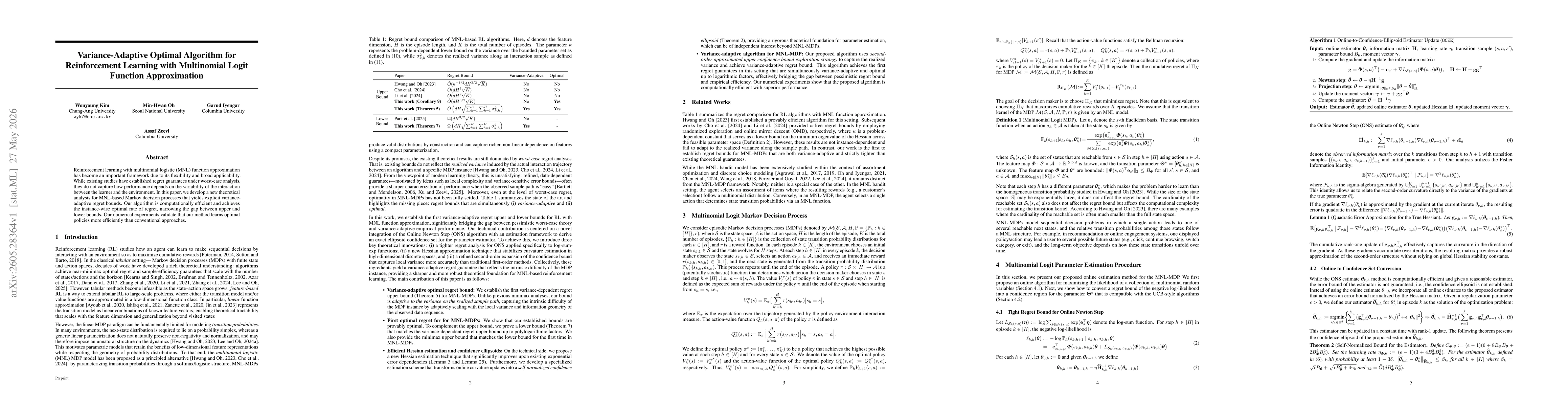 Thumbnail for Variance-Adaptive Optimal Algorithm for Reinforcement Learning with Multinomial Logit Function Approximation