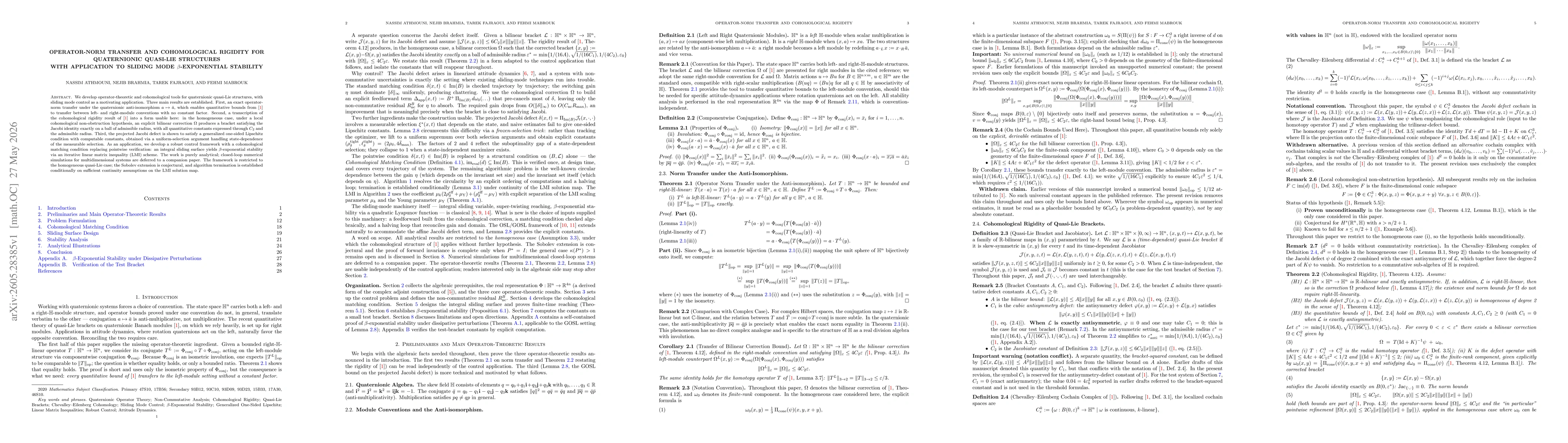 Thumbnail for Operator-Norm Transfer and Cohomological Rigidity for Quaternionic Quasi-Lie Structures with Application to Sliding Mode $β$-Exponential Stability