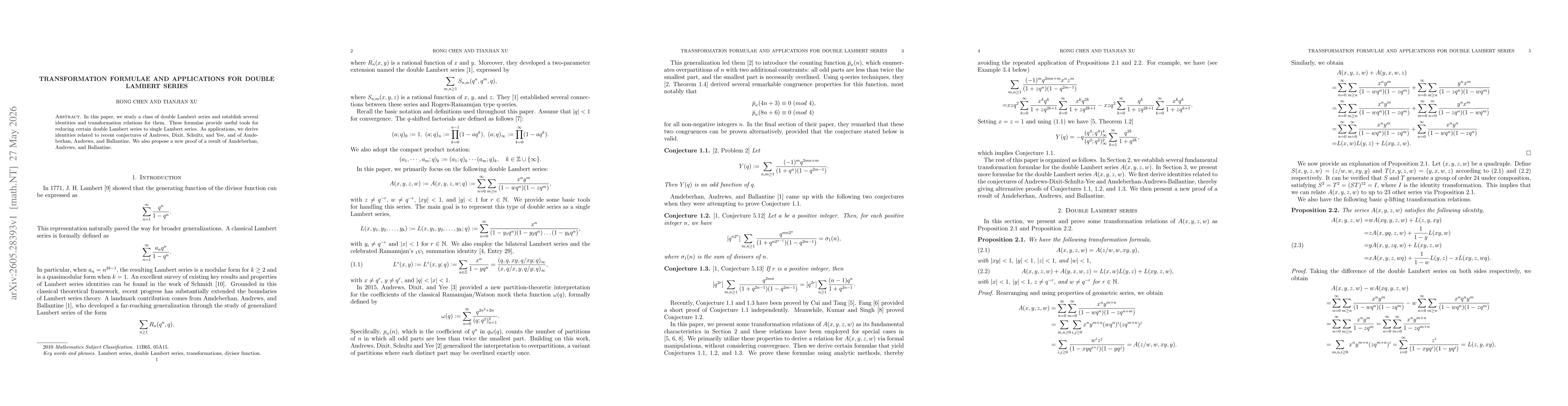 Thumbnail for Transformation Formulae and Applications for Double Lambert Series