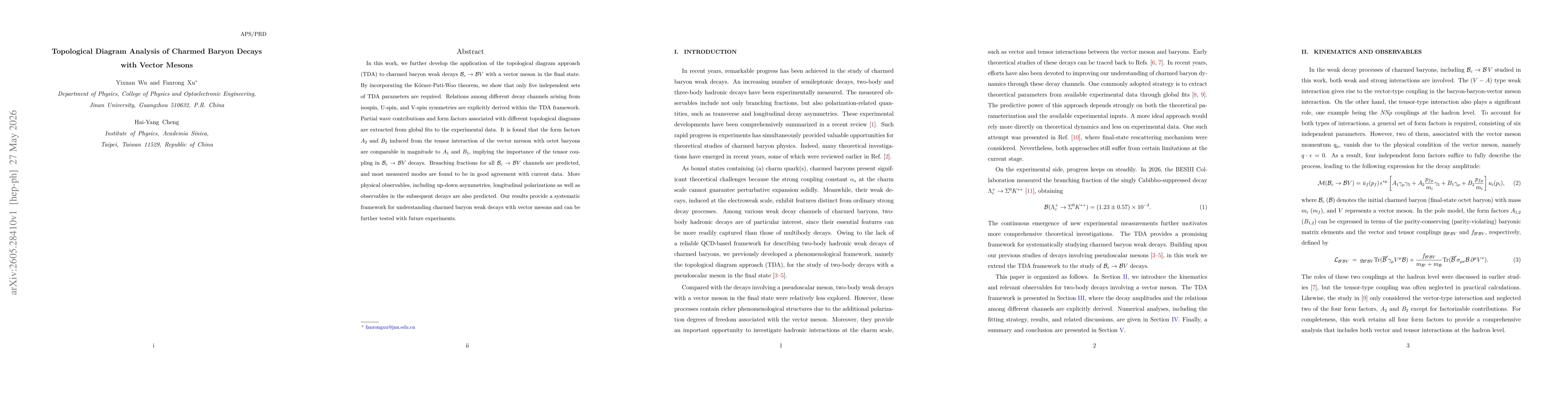 Thumbnail for Topological Diagram Analysis of Charmed Baryon Decays with Vector Mesons