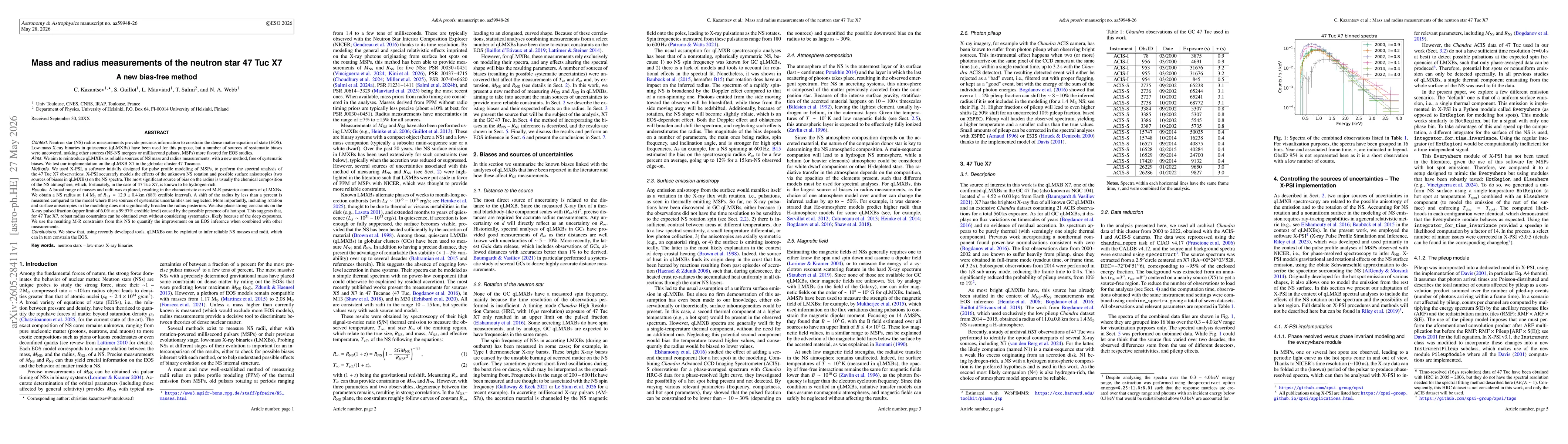 Thumbnail for Mass and radius measurements of the neutron star 47~Tuc X7 -- A new bias-free method