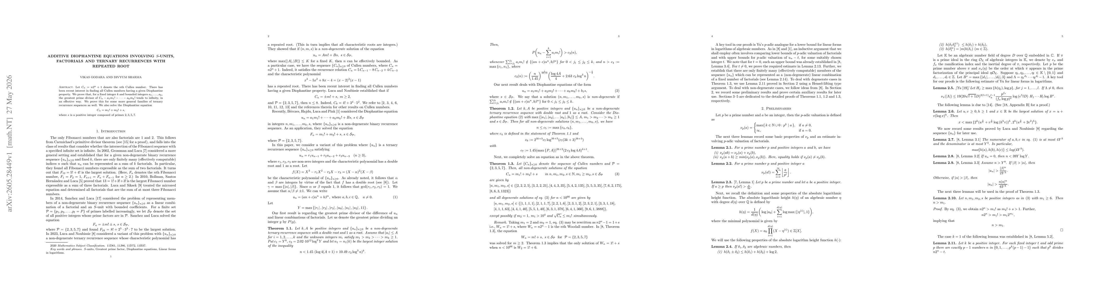 Thumbnail for Additive Diophantine Equations involving S-Units, Factorials and Ternary Recurrences with repeated root