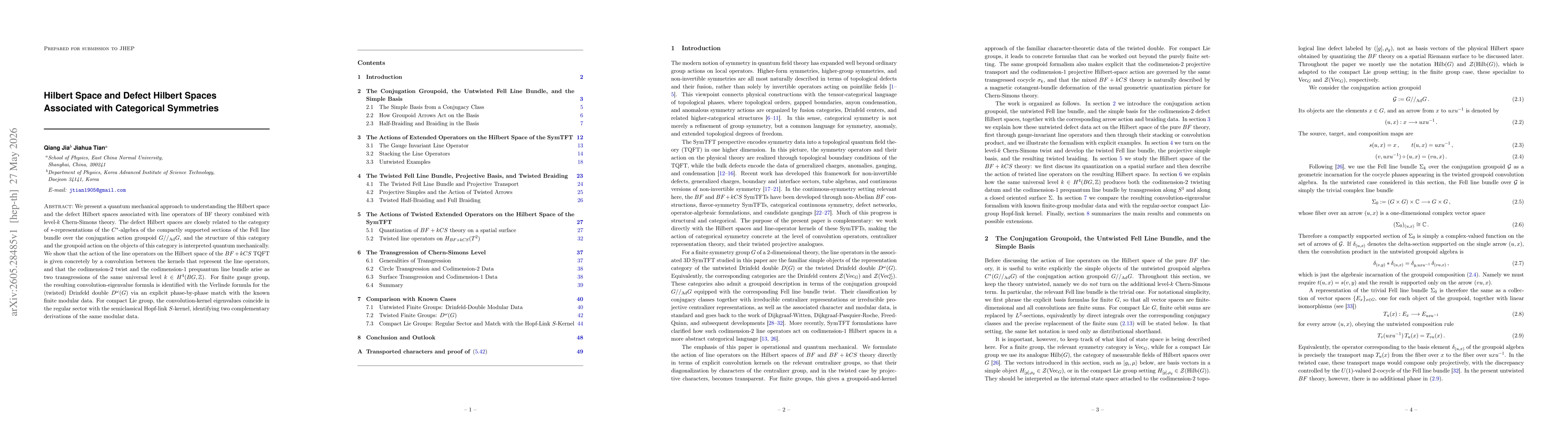 Thumbnail for Hilbert Space and Defect Hilbert Spaces Associated with Categorical Symmetries