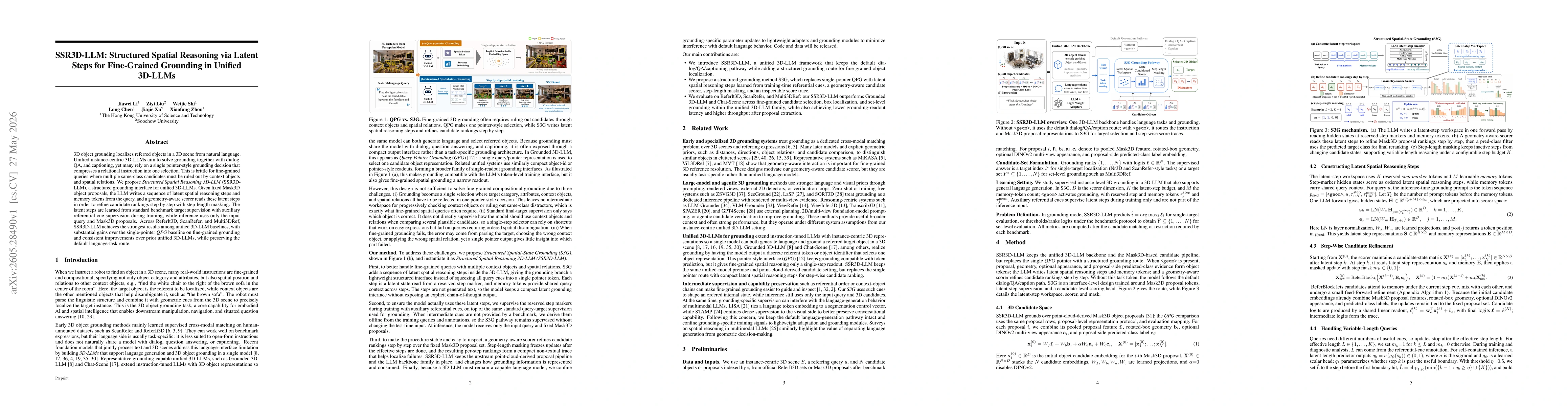 Thumbnail for SSR3D-LLM: Structured Spatial Reasoning via Latent Steps for Fine-Grained Grounding in Unified 3D-LLMs