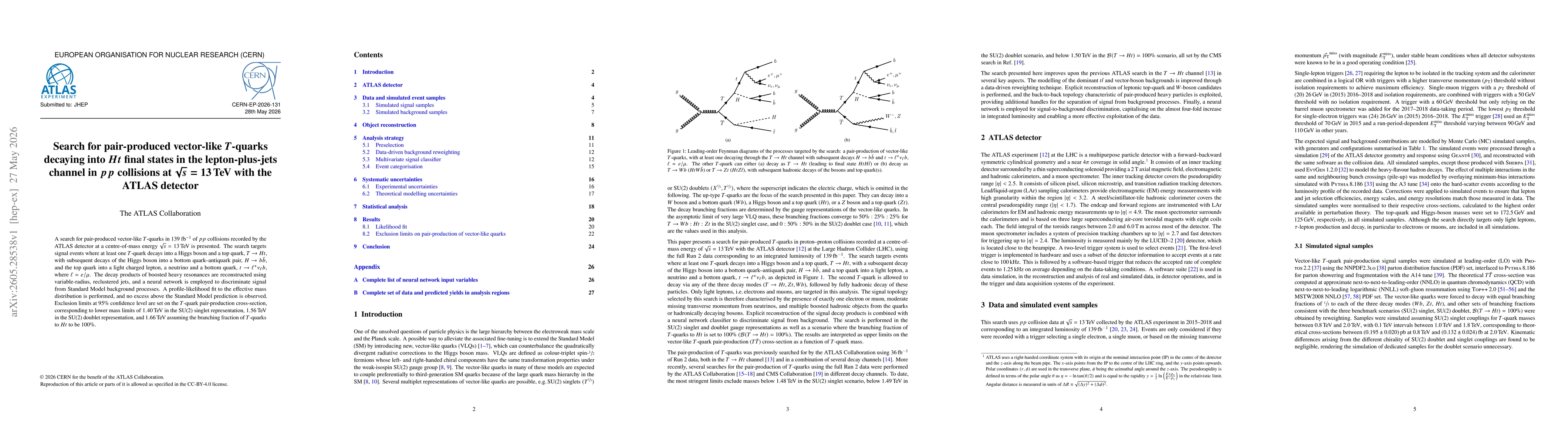 Thumbnail for Search for pair-produced vector-like $T$-quarks decaying into $Ht$ final states in the lepton-plus-jets channel in $pp$ collisions at $\sqrt{s}$=13 TeV with the ATLAS detector