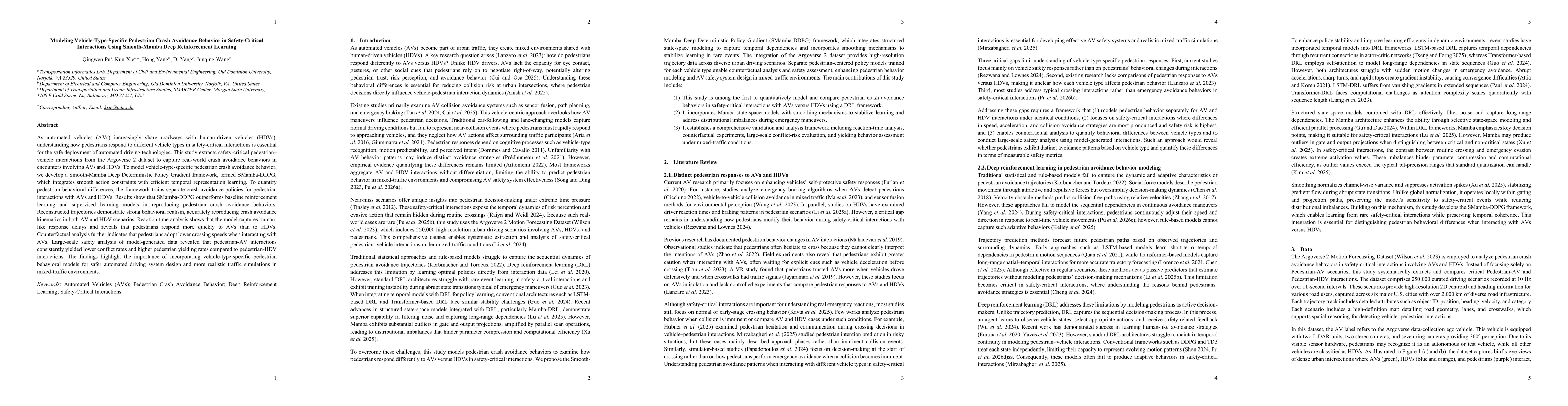Thumbnail for Modeling Vehicle-Type-Specific Pedestrian Crash Avoidance Behavior in Safety-Critical Interactions Using Smooth-Mamba Deep Reinforcement Learning