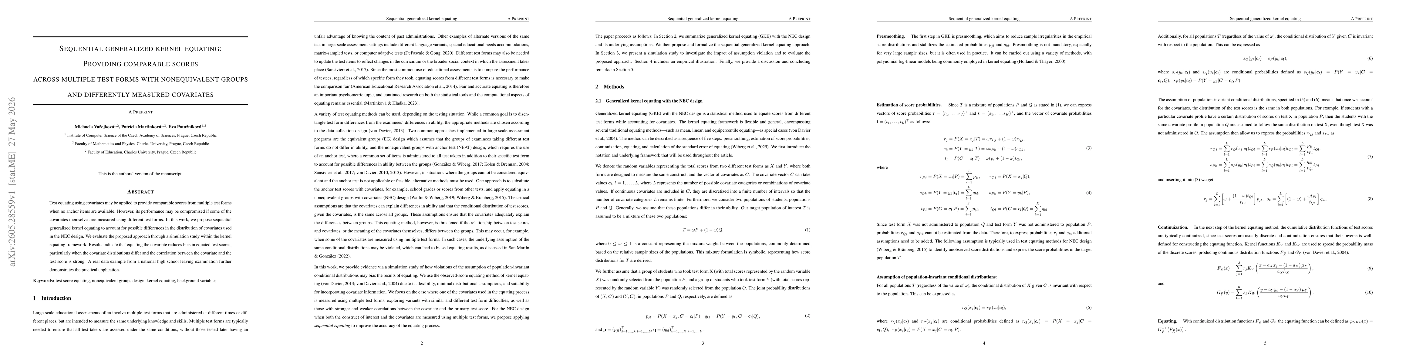Thumbnail for Sequential generalized kernel equating: Providing comparable scores across multiple test forms with nonequivalent groups and differently measured covariates