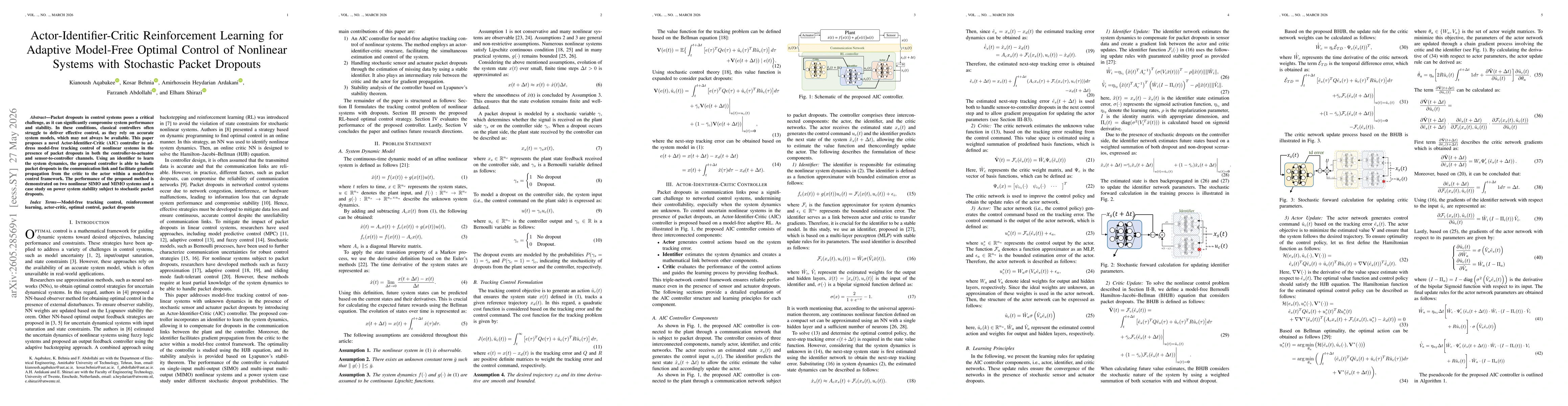 Thumbnail for Actor-Identifier-Critic Reinforcement Learning for Adaptive Model-Free Optimal Control of Nonlinear Systems with Stochastic Packet Dropouts