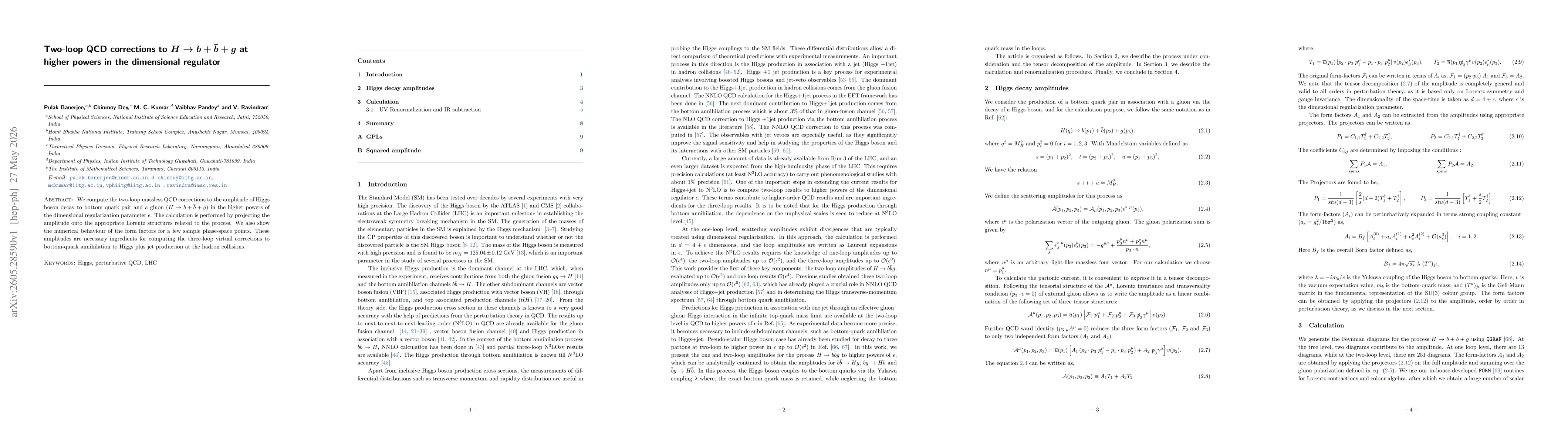 Thumbnail for Two-loop QCD corrections to $ H \rightarrow b + \bar{b} + g $ at higher powers in the dimensional regulator