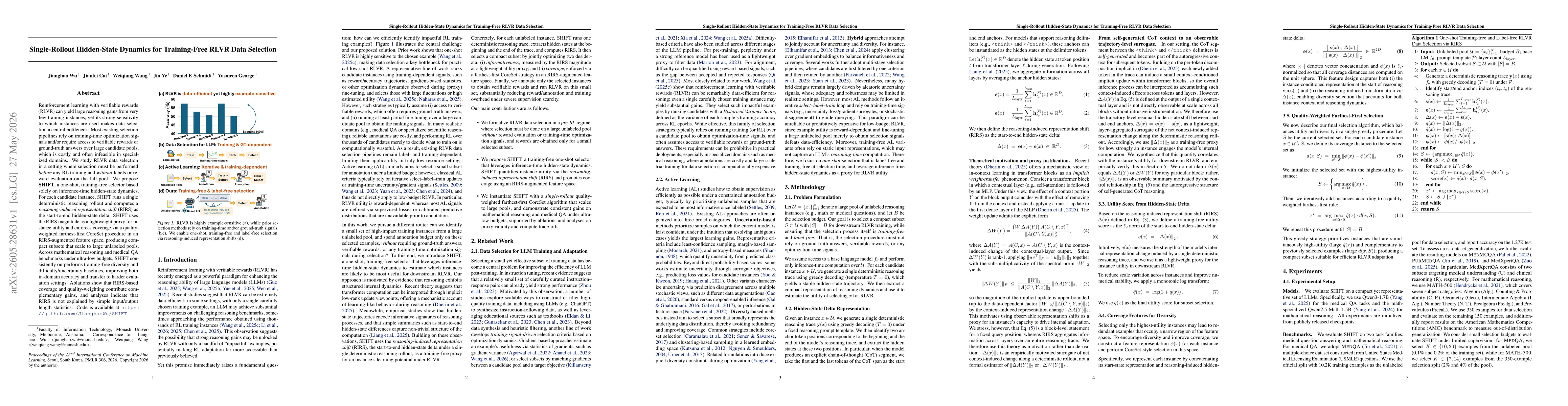Thumbnail for Single-Rollout Hidden-State Dynamics for Training-Free RLVR Data Selection
