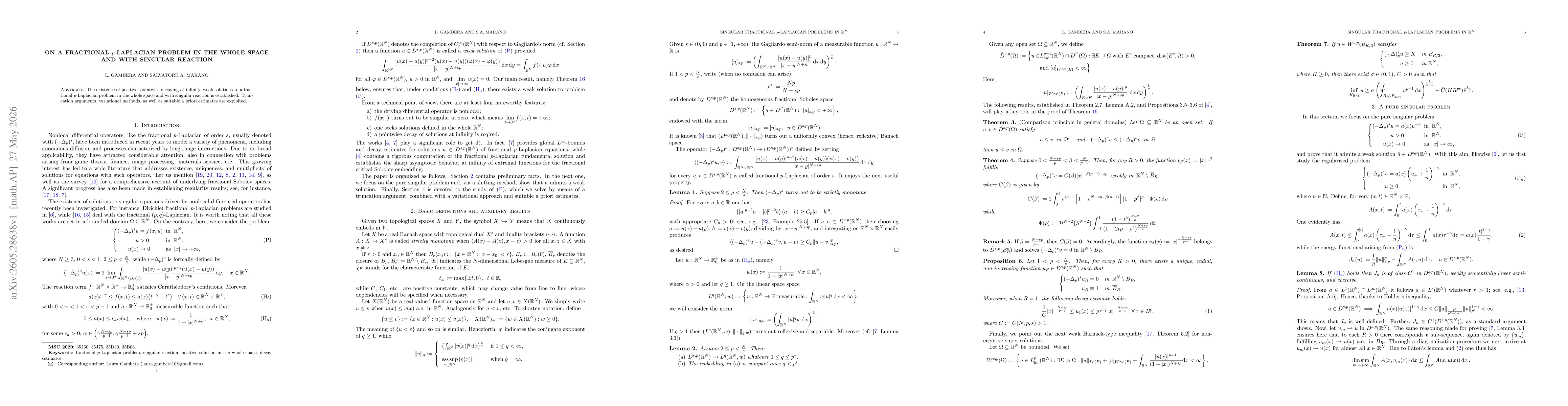 Thumbnail for On a fractional $p$-Laplacian problem in the whole space and with singular reaction