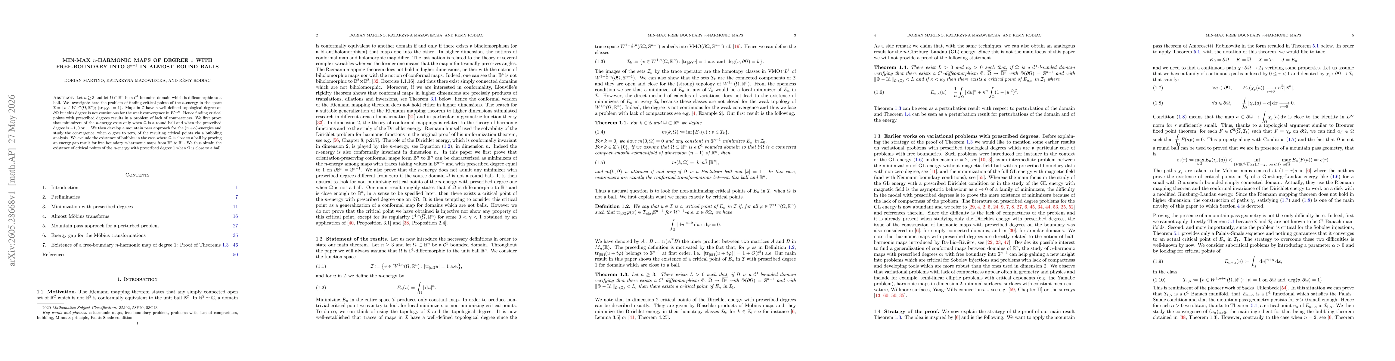 Thumbnail for Min-max $n$-harmonic maps of degree 1 with free-boundary into $\mathbb{S}^{n-1}$ in almost round balls