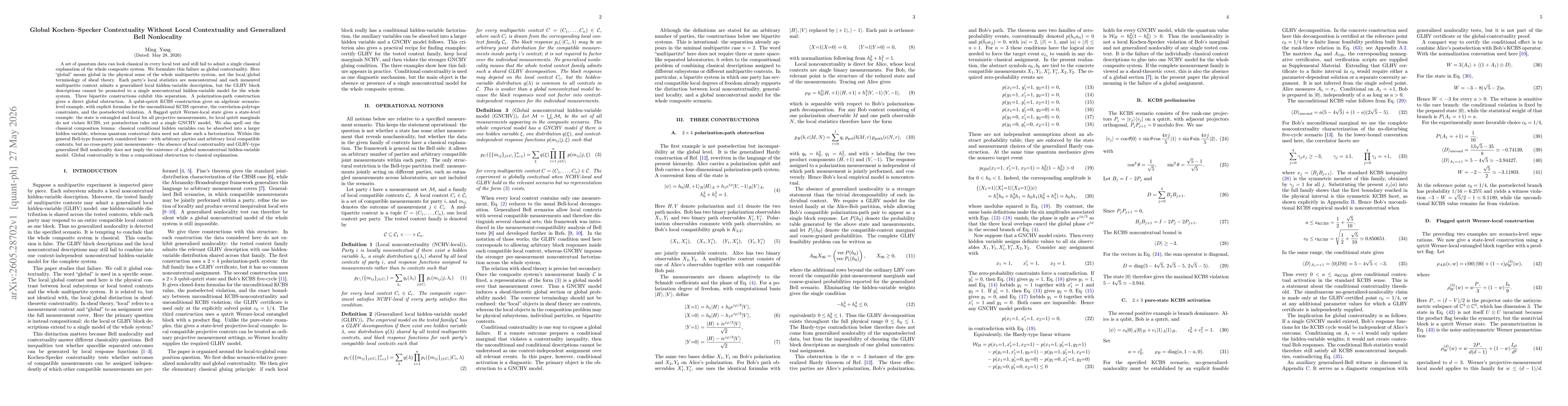 Thumbnail for Global Kochen-Specker Contextuality Without Local Contextuality and Generalized Bell Nonlocality