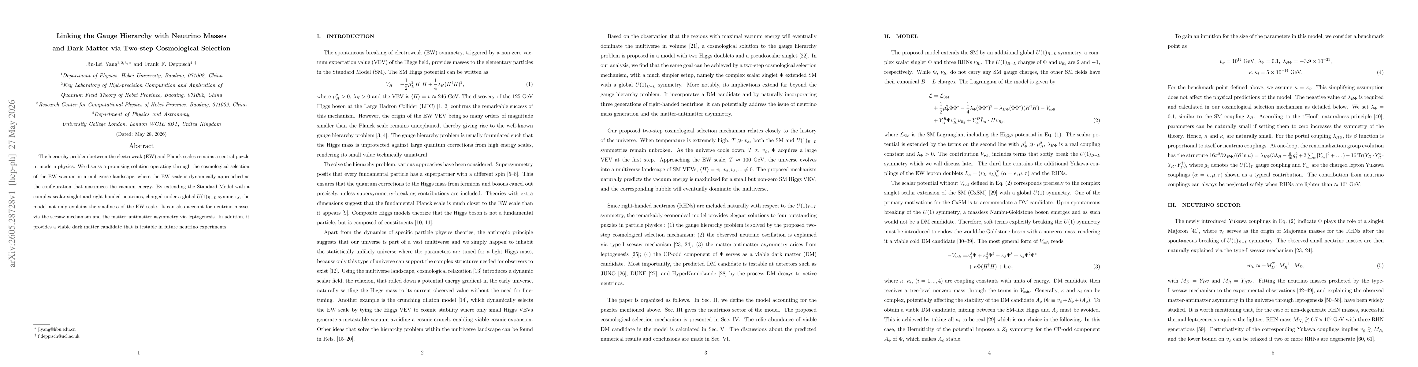 Thumbnail for Linking the Gauge Hierarchy with Neutrino Masses and Dark Matter via Two-step Cosmological Selection