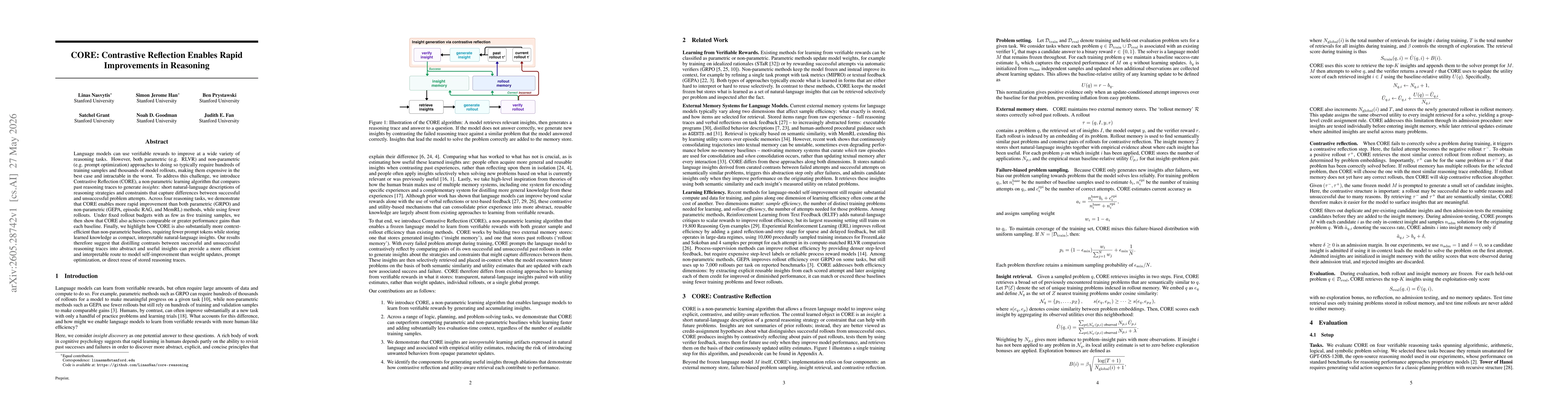 Thumbnail for CORE: Contrastive Reflection Enables Rapid Improvements in Reasoning