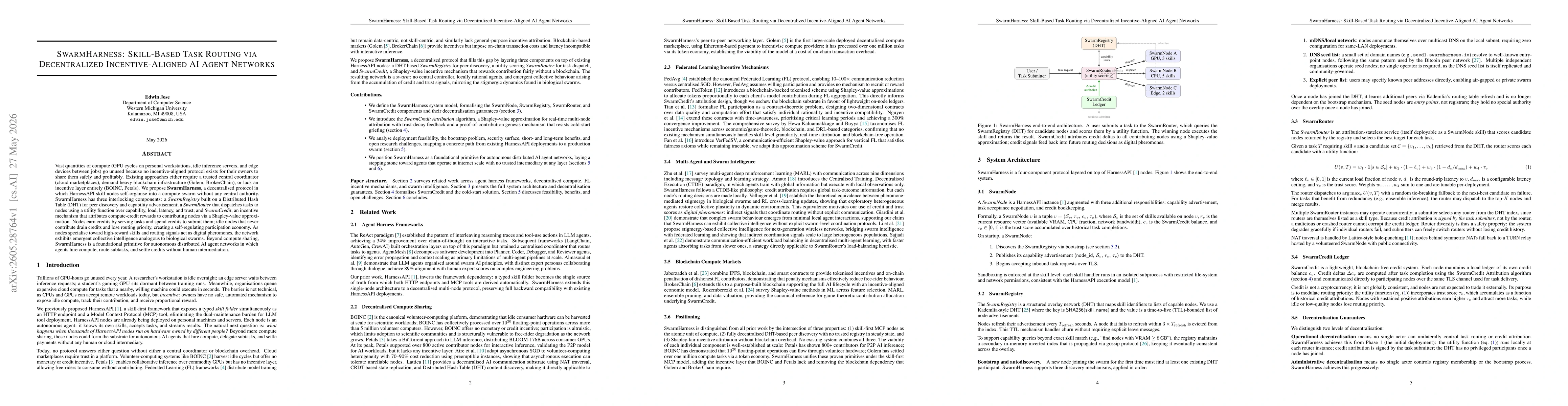 Thumbnail for SwarmHarness: Skill-Based Task Routing via Decentralized Incentive-Aligned AI Agent Networks