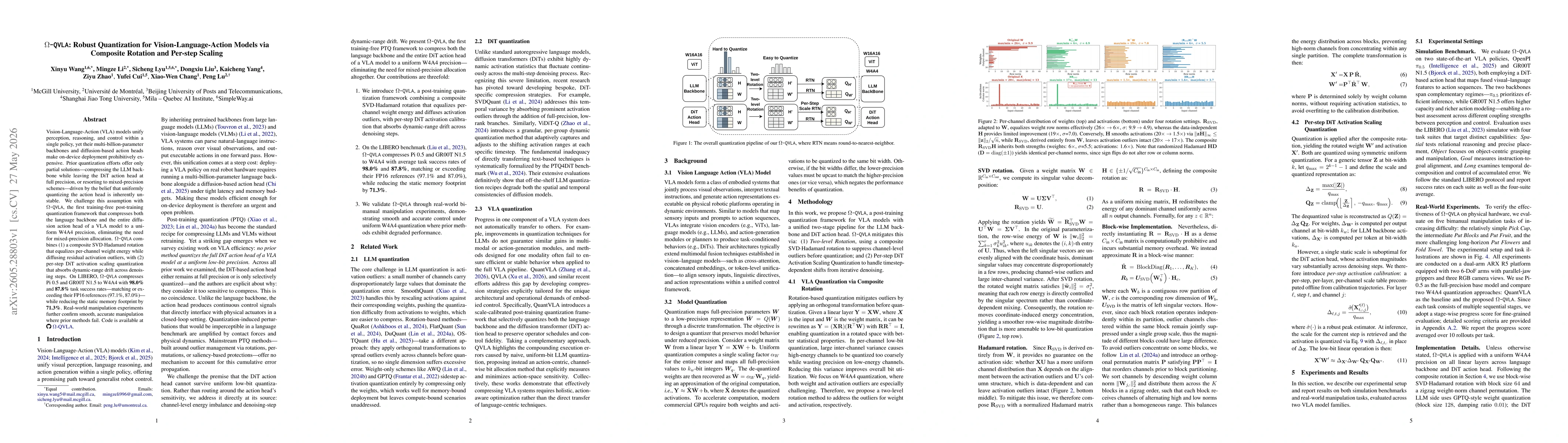 Thumbnail for Ω-QVLA: Robust Quantization for Vision-Language-Action Models via Composite Rotation and Per-step Scaling
