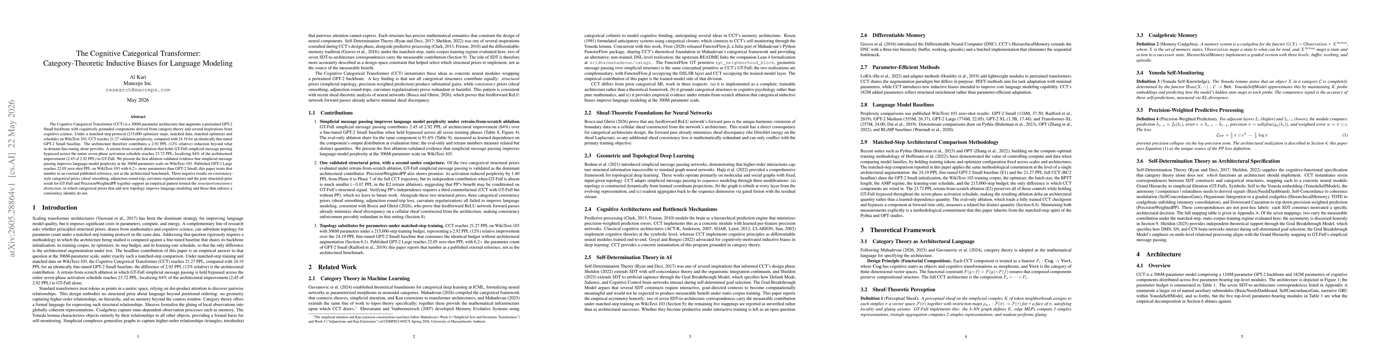 Thumbnail for The Cognitive Categorical Transformer: Category-Theoretic Inductive Biases for Language Modeling