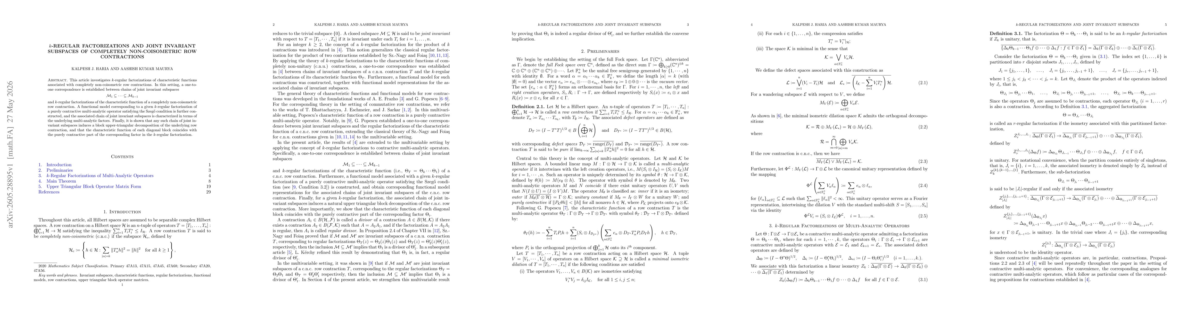 Thumbnail for $k$-Regular Factorizations and Joint Invariant Subspaces of Completely Non-Coisometric Row Contractions